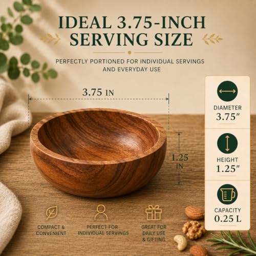 Acacia Wood Bowls: Handcrafted, Rustic, 6 Bowls of 3.75-inch, 0.25 liters Capacity Each - size: 6 Bowls of 3.75-Inch (0.25 Liters)