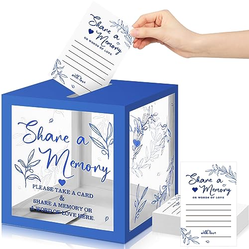 Pajean Funeral Memory Box with 50 Cards Clear Windows,Clear,Dark Blue | Keepsake Cards for Celebration Wedding Graduation, Greenery Design, Guest Book Alternative, Memory Collection Display - color: Dark Blue