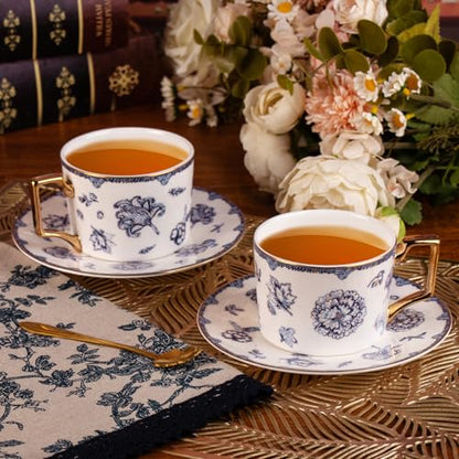 KAMMAK Tea Cups and Saucers Set of 2, Fine Bone China Coffee Cups, 571N | Stackable Espresso Mugs, Ceramic Demitasse for Coffee, Cappuccino, Latte, Americano, Tea - size: 7KPSP571N