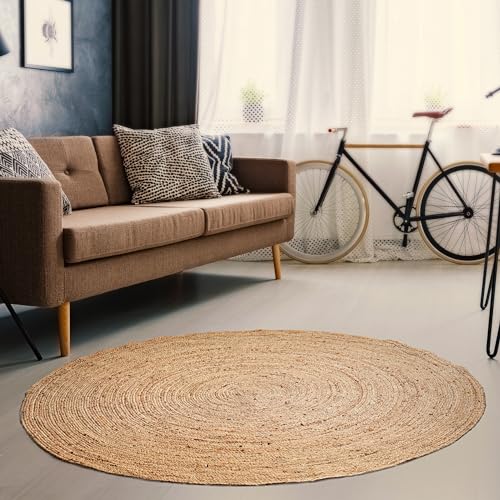 Hausattire Jute Braided Round Rug, Natural, 4 ft | 100% natural jute, hand woven, reversible, boho farmhouse style, entryway/kitchen/living room use - color: Natural, size: 4' Round