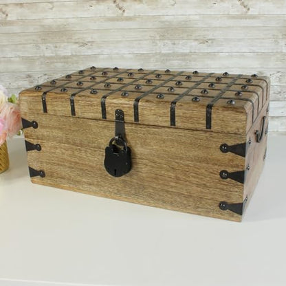Treasure Chest Wooden Box with Antique Iron Lock and Skeleton Key (XX-Large 20x11.75x9) - Storage and Decor – Pirate Wooden Treasure Chest, Decorative Box with Hinged Lid, - size: XX-Large 20 x 11.75 x 9"