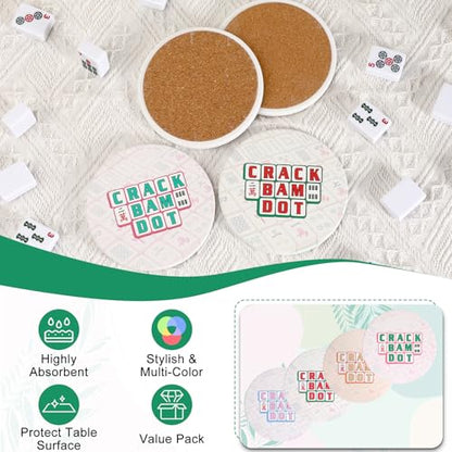 Drink Coasters Set of 4, Decorative and Absorbent Table Coaster with Holder | Funny Mahjong Pattern, 4 Inch Universal Fit, Round Ceramic Coaster, Non-Slip, Table Protection, Mahjong Accessories and Gifts - size: 4x4 in (Style 2)