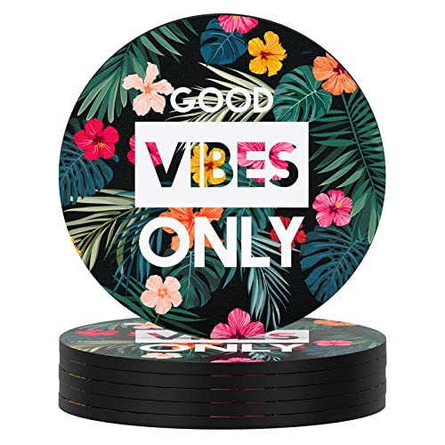 Coasters for Drinks, Set of 6 Absorbent Rubber Drink Coasters for Cup | Set of 6 Cute Absorbent Rubber Drink Coasters for Cup with Non Slip Backing, Kitchen Home Decor Housewarming Gift, Round 4 in - color: Flowers Good Vibe