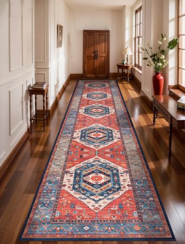 SERISSA 3x14 Washable Non Slip Boho Runner Rug for Hallway，Rust | Ultra Soft Vintage Oriental Carpet Low-Pile Tribal Floor Carpet for Stair Kitchen Bedroom Bathroom Laundry Room - color: Rust/Multi, size: 3' x 14' (Runner)