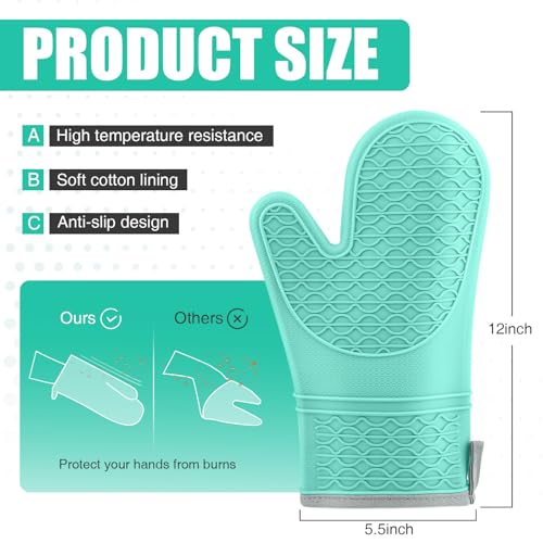 Silicone Oven Mitts, Heat Resistant 2PCS Oven Mitts with Soft Cotton Lining, Waterproof Non-Slip Grip Oven Glove, Kitchen Potholder Mits for BBQ, Baking, Cooking, 12.5 Inch - Green - color: Green