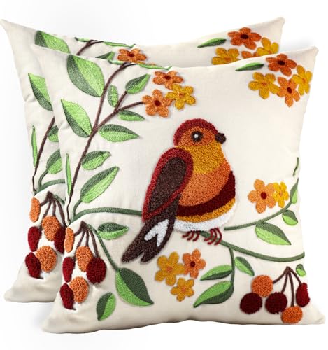 Embroidered Throw Pillow Covers 18x18 Inch - Set of 2 Summer Decorative Pillow Covers with Zipper Aesthetic Cute Design Throw Pillowcases for Couch Sofa Bed, Tree Bird - color: Tree Bird