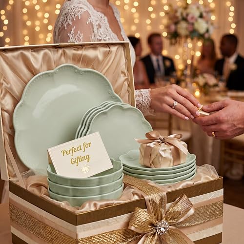 Sango 12 Pieces Scalloped Dinnerware Set, Sage Green Dishes for 4, Premium Serving Plates & Bowls Sets, Chip Resistant, Ceramic Dishware, Kitchen Dish, Microwave & Dishwasher Safe, Bethany - color: Sage Green, size: 12-Piece Set