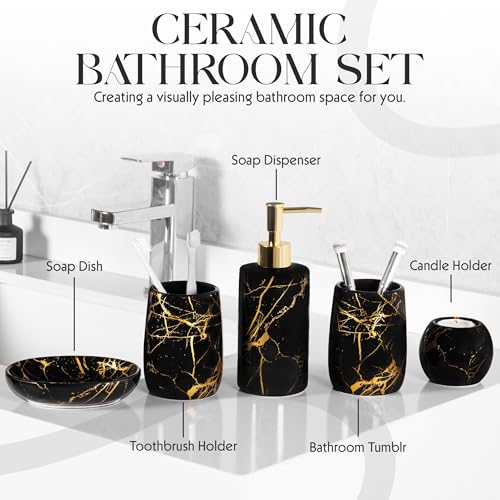 Ceramic Bathroom Accessory Set, 5-Piece Bathroom Accessory Set, Soap Dish, Toothbrush Holder, Soap Dispenser, Bathroom Tumbler & Candle Holder - Modern Bathroom Organizer, (Black & Gold) - color: Black and Gold
