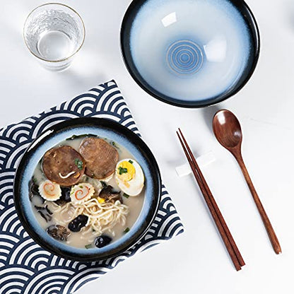 Ceramic Japanese Ramen Bowl Set, 2 Sets Asian Pho Udon Soup Noodle Bowls with Spoons and Chopsticks (Black/Blue, 8 inches) - color: Black/Blue