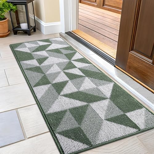 OLANLY Door Mat Indoor Entrance Washable 47x23, Odor-Free Low-Profile Front Back Geometric Doormat, Absorbent Resist Dirt Entry Carpet, Easy to Clean Sturdy Inside Floor Mats for Entryway, Green - color: Green, size: 47" x 23"