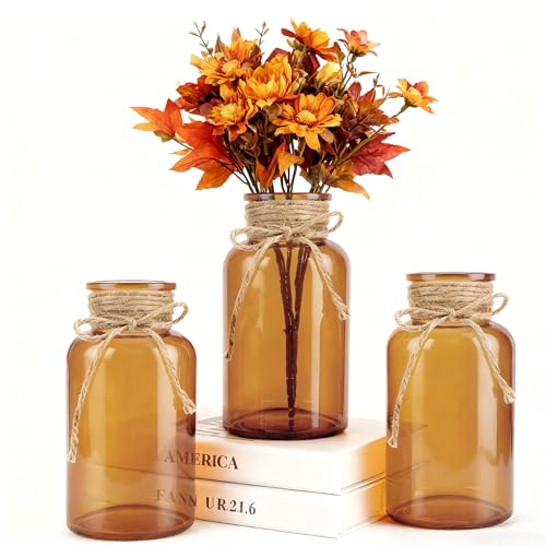 3 Pack Mason Jar Vases for Centerpieces, Amber Glass Flower Vase | Vintage Farmhouse Rustic Decorative Jars for Wedding Party Baby Shower Table Decor, Wide Mouth Mason Jars with Twine Bulk - color: Amber