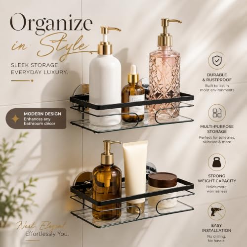 2-Pack Adhesive Shower Caddy, No-Drill Corner Shower Shelves for Bathroom | Wall-Mounted Small Storage Organizer for Shampoo, Soap & Toiletries - style: RECTANGLE