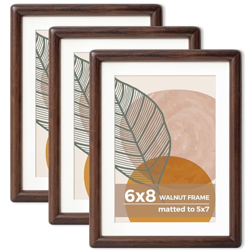 6 x 8 Walnut Frame Set of 3 - Rounded Corner 6x8 Picture Frame Matted to 5x7 - Natural Walnut Wood Photo Frame with Tempered Glass for Tabletop Display - color: Walnut, size: 6x8 - 3P