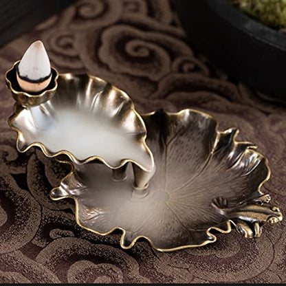 Waterfall Incense Cone Holder Lotus and Frog Bronze Backflow Insense Burner Metal Incense Holder Aromatherapy Ornament Home Decoration