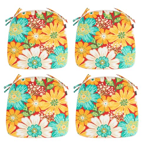 Magpie Fabrics Outdoor/Indoor 17"x16"x2" Chair Cushions with Ties Set of 4, Waterproof All Weather U-Shape Seat Pads Decoration for Patio Garden Furniture Home Office (Embry Red Hibiscus) - color: Ambry Red Hibiscus, size: Set of 4