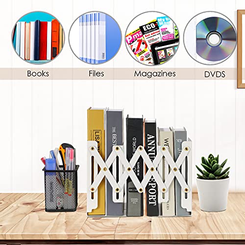 Adjustable Book Ends, Metal Iron Non Skid Boo kends, Expandable Bookcase Bookend Stand Holder Book Storage Rack, Heavy Bookends for Office Desk, Shelf, Stationery (White)