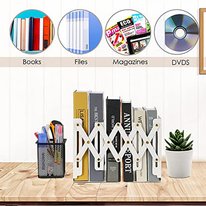 Adjustable Book Ends, Metal Iron Non Skid Boo kends, Expandable Bookcase Bookend Stand Holder Book Storage Rack, Heavy Bookends for Office Desk, Shelf, Stationery (White)
