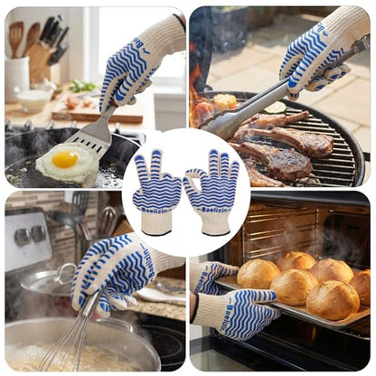 BBQ Grill Gloves, Extreme Heat Resistant Oven Gloves, Silicone Non-Slip Oven Mitts with Fingers, for Barbecue,Grilling, Cooking, Baking-1 Pair(Blue)