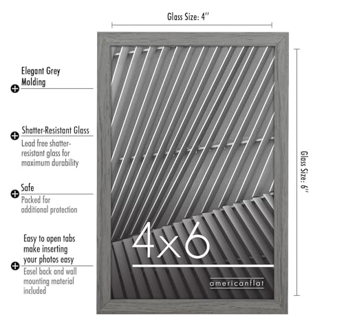 Americanflat 4x6 Picture Frame with Shatter-Resistant Glass - Streamline Collection - Thin Border Photo Frame for Tabletop and Wall Display - Hanging Hardware and Easel Stand Included - Grey | Shatter-resistant glass, wall or tabletop display with include