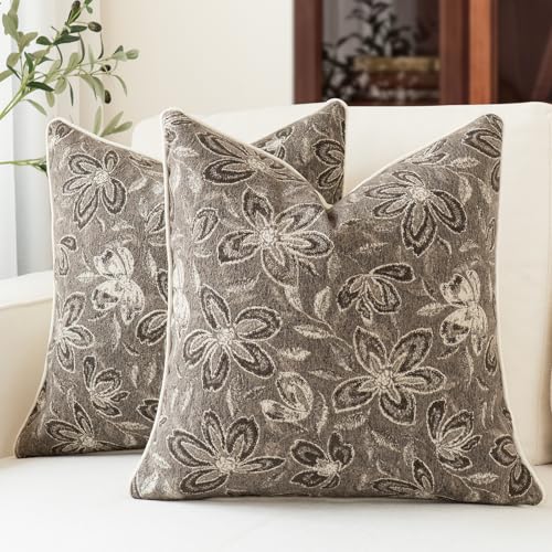 MATTINS 24x24 Vintage Floral Patterned Throw Pillow Covers, Gray Brown 2PC | Farmhouse Decorative Pillow Covers, Country Botanical Jacquard Design, Cottage Boho Accent for Sofa, Bed, and Living Room - color: Gray Brown, size: 24" x 24" (Pack of 2)