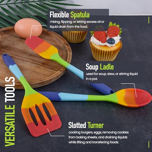 11-Piece Rainbow Silicone Spatula Bundle with Holder & Measuring Spoons – Multicolor Heat-Resistant Cooking Utensils for Nonstick Cookware – Flexible Turner, Spoon, Spatula, Brush, FDA Safe