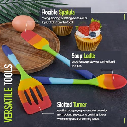 11-Piece Rainbow Silicone Spatula Bundle with Holder & Measuring Spoons – Multicolor Heat-Resistant Cooking Utensils for Nonstick Cookware – Flexible Turner, Spoon, Spatula, Brush, FDA Safe