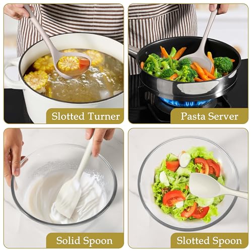 LIANYU 8Pcs Kitchen Utensils Set, Silicone Cooking Utensils Spatula Set for Nonstick Cookware, Include Silicone Spatula, Ladle, Turner, Spoon, Heat Resistant, Dishwasher Safe, Khaki White - color: Khaki White