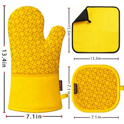 Oven Mitts and Pot Holders Sets 6pcs, Kitchen Oven Glove,High Heat Resistant 550 Degree Extra Long Oven Mitts and Potholders with Non-Slip Silicone Surface for Home Essentials (Grey) (Yellow) - color: Yellow
