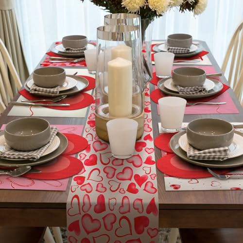 Xuhal 13 Pcs Valentine's Day Heart Boho Placemats and Table Runner Set 6 Sets Table Mats 11.8 x 78.7 Farmhouse Runner for Dining Kitchen(Heart Style) - style: Heart Style