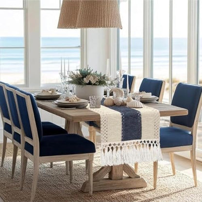 Table Runner 72 Inches Long, Blue and White Table Runner - Farmhouse Coastal Boho Macrame Dresser Runners for Bedroom, Dining & Coffee Table with Tassels - color: Blue, size: 72 inches