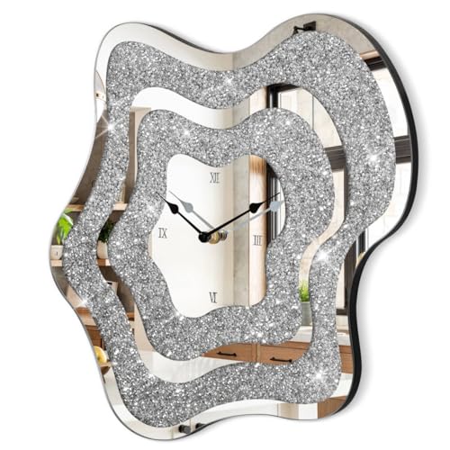 Silver Irregular Mirror Glass Wall Clock Crush Diamond Mirrored Wall Clock for Wall Decor Perfect for Living Room Bedroom Dining Room Office Home Decor - style: Star