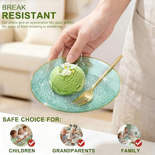 Rubtlamp 200Pcs Green Plastic Dessert Plates,6inch Small Appetizer Plates with Gold Rim, Fancy Hammered Cake Plate with 100PCS Gold Disposable Forks, Hard Salad Plate for Teatime Party - color: Green with gold