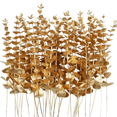 36 Pcs Gold Artificial Eucalyptus Stems 15'' Faux Eucalyptus Leaves Decor Fake Greenery Branches for Xmas branchs Decor Wedding Bouquet Centerpiece Flower Floral Arrangement Home Decoration - color: Gold