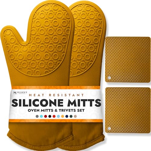 BPA-Free Soft Silicone 4 Piece Oven Mitts & Trivets Set - Ultra Heat Resistant Oven Mitts with Thick Cotton Liner - Long Slip Resistant Pot Holders, Flexible Oven Gloves - Yellow - color: Yellow, size: 4-Piece Oven Mitts & Trivets Set