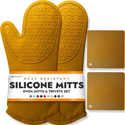 BPA-Free Soft Silicone 4 Piece Oven Mitts & Trivets Set - Ultra Heat Resistant Oven Mitts with Thick Cotton Liner - Long Slip Resistant Pot Holders, Flexible Oven Gloves - Yellow - color: Yellow, size: 4-Piece Oven Mitts & Trivets Set