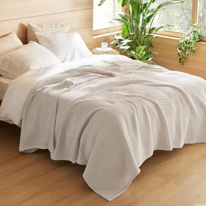 Bedsure Lightweight 100% Cotton Waffle Blanket, Queen, Linen | Summer, Breathable, Soft, Comfort, Light, Thin, Textured, Bed, Couch, Sofa, Chair, 90"x90", Sheet Blanket, Cozy Gifts - color: Linen, size: Queen (90" X 90")