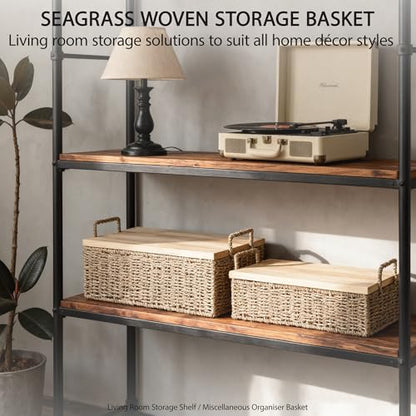 Woven Seagrass Wicker Storage Basket Set of 2 with Wooden Lids | Stackable Basket with Handles, Rectangular Decorative Basket for Shelves Home, Closet & Desktop Organization