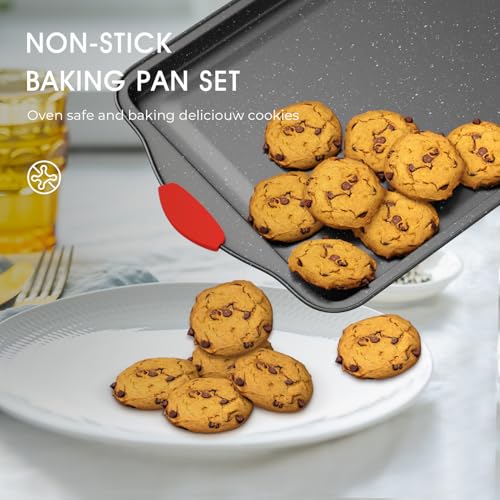 11-Piece Nonstick Stackable Baking Pans Set, Non Toxic Oven Pans, Red&Black | Toxin-Free Bakeware Sets, Baking Pan Set with Silicone Handles, Includes Cookie Sheets, Loaf Pan, Pizza Pan, Muffin Pan