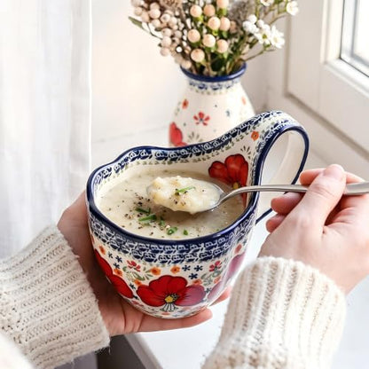 ALMA Soup Bowl With Handle,16oz Handpainted Floral Soup Mug Microwave Safe | Ceramic Large Loop Handle, Enjoy Soup,Cereal,Stew,Ice Cream,Snack,Fruits,Chili, Farmhouse Gift for Grandma Mom Homemakers - color: Red Lily