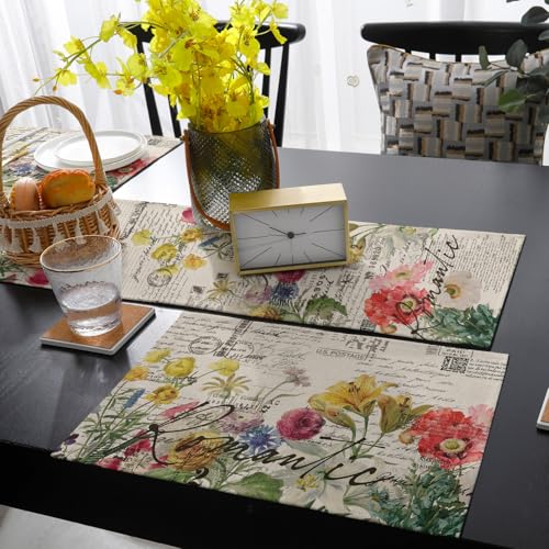 Table Runner and Placemats Set of 4 Flower Floral Decorative Dining Table Runner with Matching Placemats Retro Postmark Table Decor for Kitchen Dining Room and Everyday Use 13x70in - size: 13"x70"+4pcs