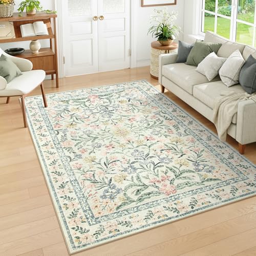 Wonnitar Washable 6x9 Area Rugs, Soft Floral Rug for Bedroom Kids Playroom Light Colored Carpet, Non Slip Ultra-Thin Indoor Beige Carpet for Living Room Classroom Office - color: Beige, size: 6' x 9' (Rectangular)