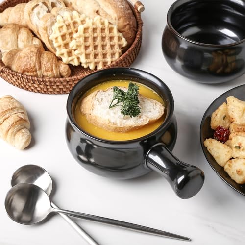 vicrays French Onion Soup Bowls With Handles, 26 Ounce for Soup, Chili, Beef Stew, Chip Resistant, Dishwasher Microwave Safe, Set of 4 (Black) - color: Black