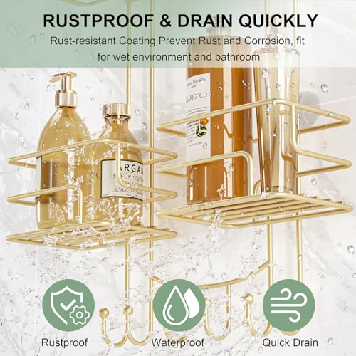 SRIWATANA Shower Caddy Hanging, Shower Organizer with Razor Hooks, Gold | Rustproof Shower Rack, No Drilling Shelves Over Shower Head, Anti-Swing Scution Install, Bathroom Holder for Sponge Loofah - color: Gold