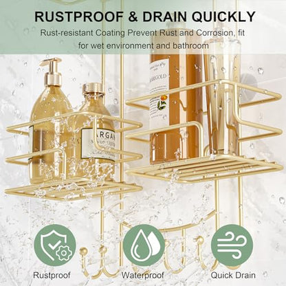 SRIWATANA Shower Caddy Hanging, Shower Organizer with Razor Hooks, Gold | Rustproof Shower Rack, No Drilling Shelves Over Shower Head, Anti-Swing Scution Install, Bathroom Holder for Sponge Loofah - color: Gold
