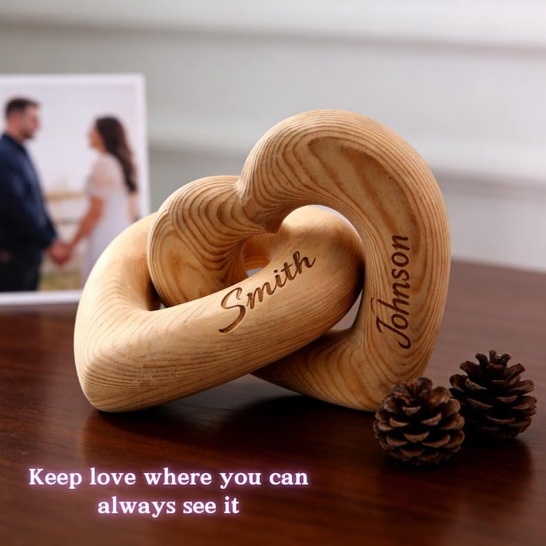Personalized Interlocking Wooden Hearts, Custom Name Date Engraved Couple Gift, Wedding Anniversary Keepsake, Romantic Decor, Valentine Gift, Bridal Shower Gifts, Engagement Present 4 - color: Design 04