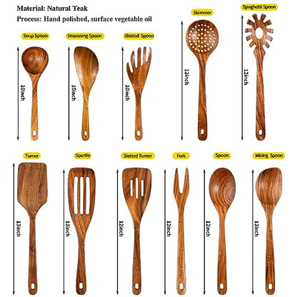GUDAMAYE 11 PCE Wooden Spoons for Cooking, Wooden Kitchen Utensils Set,Wooden Cooking Utensils,Natural Teak Wooden Spoons For Non-stick Pan - size: 11 PCS