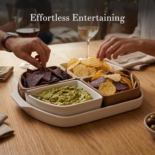 Chip and Dip Serving Set - Ceramic Wooden Serving Platter with 4 Seperable Compartments - Divided Serving Tray for Tacos, Appetizers, Veggies - Sectional Relish Tray for Parties