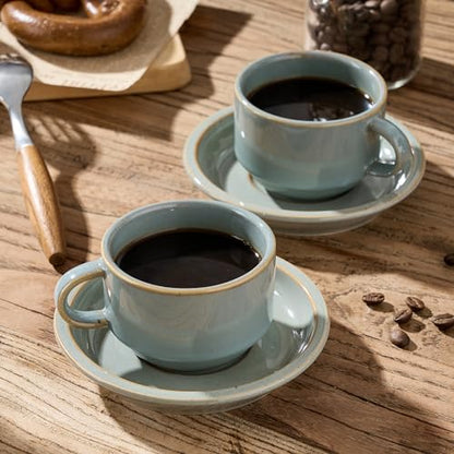 JIEMEI HOME Porcelain Stackable Espresso Cups with Saucers and Metal Stand, 4 Ounce Demitasse Cups for Latte, Cafe Mocha, Tea - Set of 6, Reactive Glaze, Wild Sage Earth Speckle - color: Wild Sage Earth Speckle