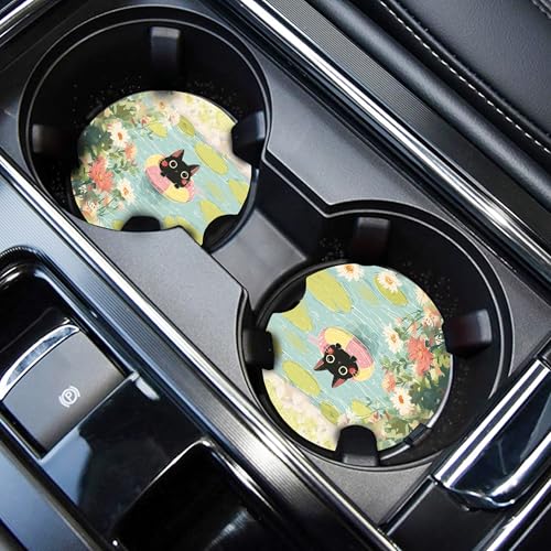 WOCOCN Cute Cup Holder Coasters for Your Car with Fingertip Grip | Auto Accessories for Women & Men,Pack of 2, Cats and Pond - color: Cats and Pond