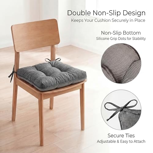 Chair Cushions for Dining Chairs Set of 4, 15.5" x 15.5" x 3.5" Kitchen Chair Cushions with Ties, Upgraded Silicone Non-Slip Bottom, Premium Shredded Memory Foam Chair Pads, Grey - color: Dark Grey